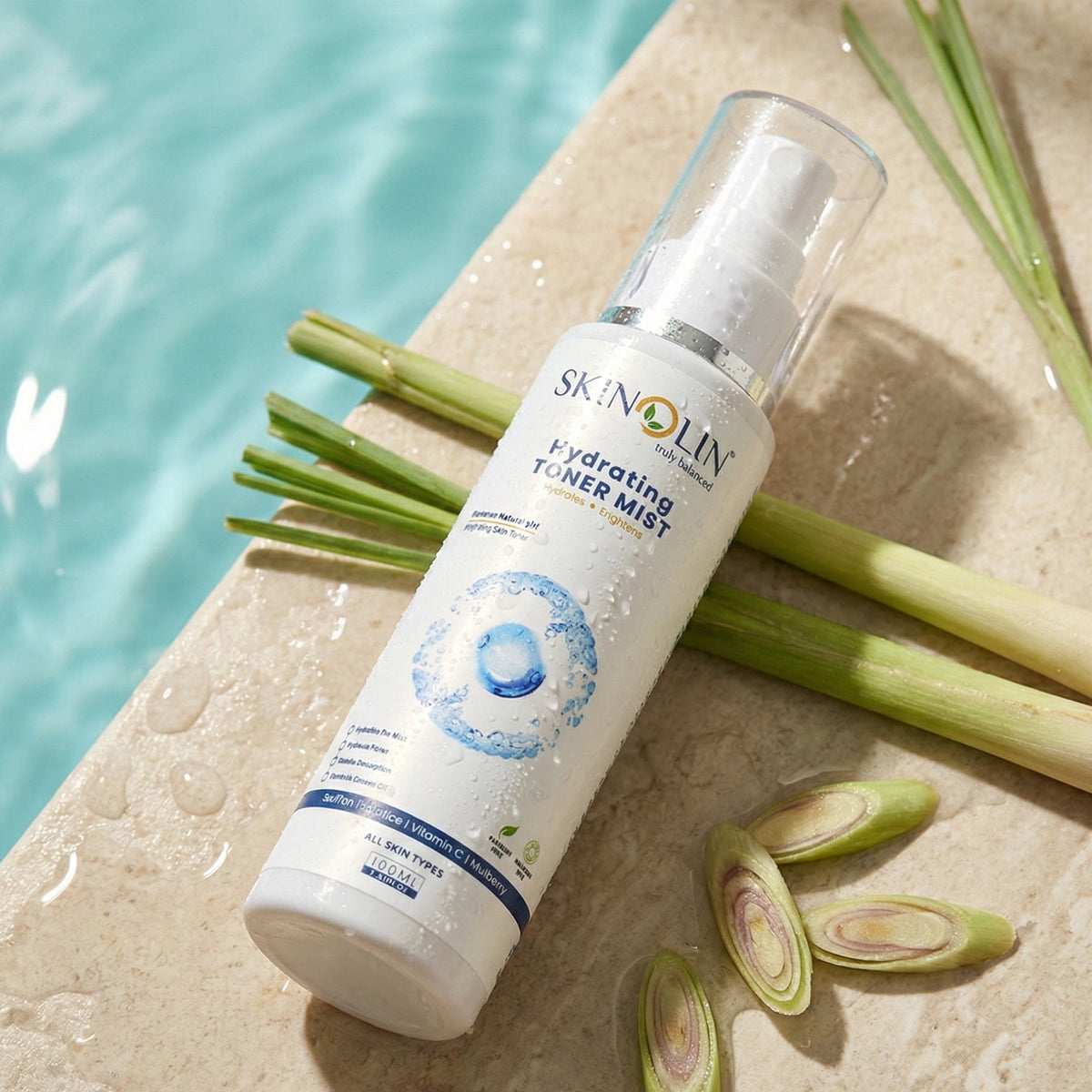 Skinolin Hydrating Toner Mist for dry and combination skin beside fresh lemongrass