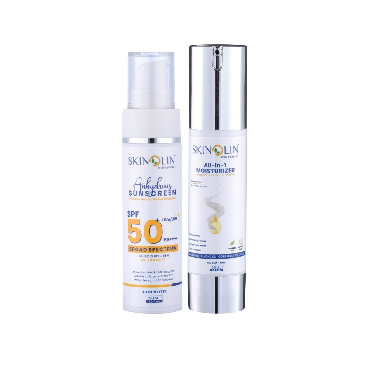 Skinolin Anhydrous Sunscreen SPF 50 next to the All-in-1 Moisturiser with SPF 30