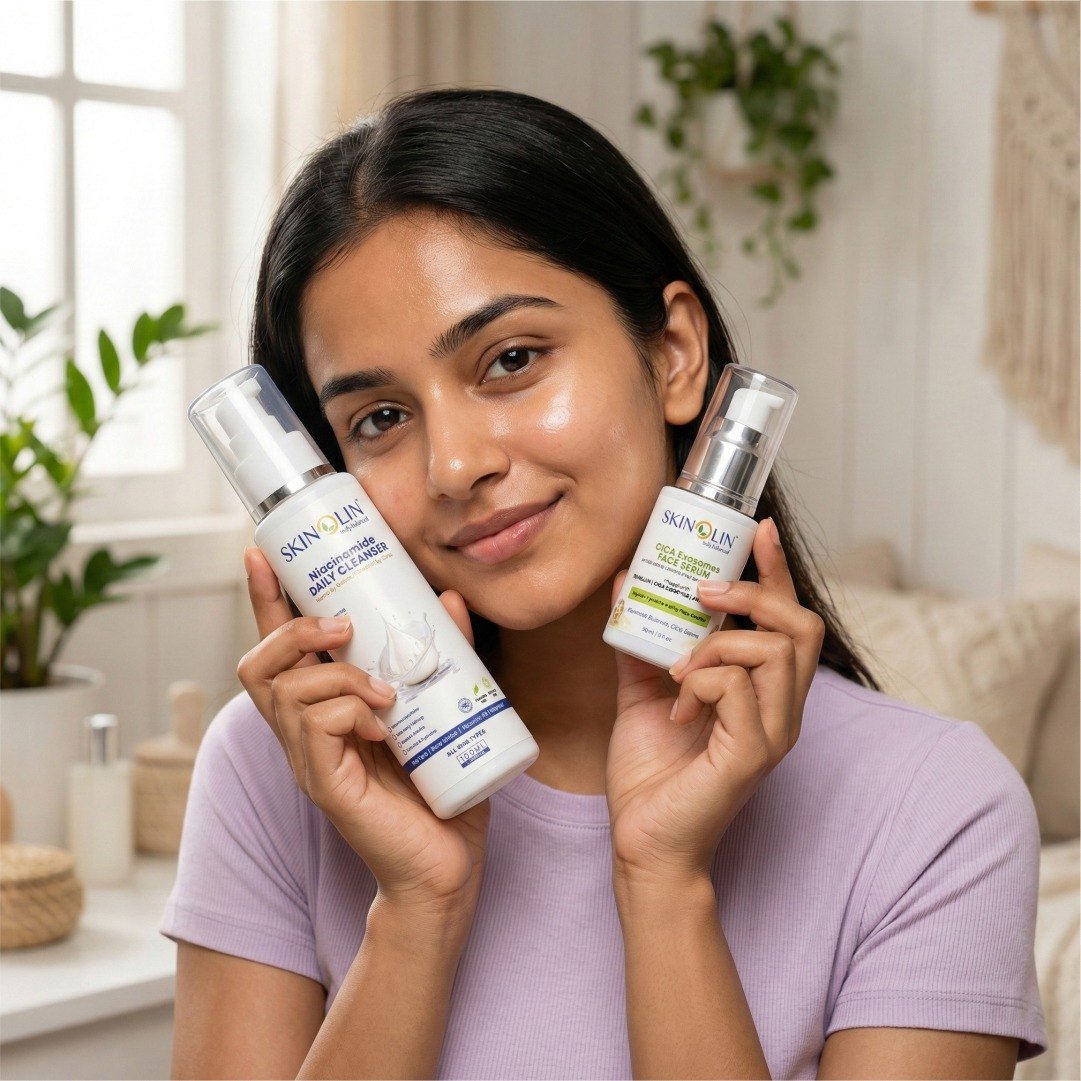Woman holding the Skinolin Niacinamide Daily Cleanser and CICA Exosomes Face Serum