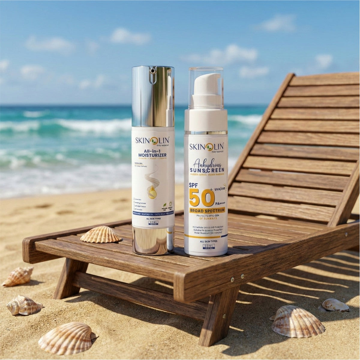 Skinolin Anhydrous Sunscreen SPF 50 and All-in-1 Moisturiser with SPF 30 on a beach lounger