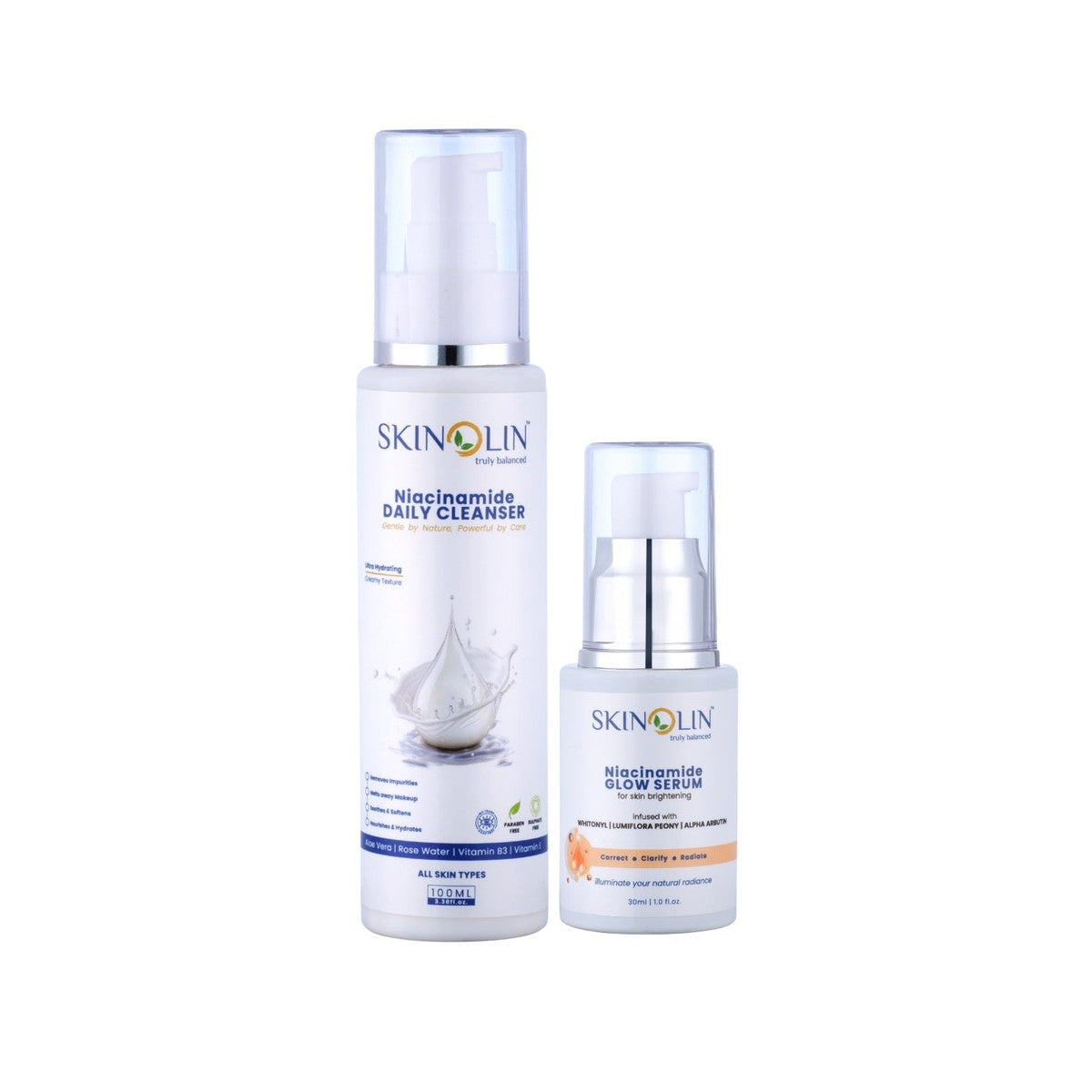 Skinolin Niacinamide Daily Cleanser and Niacinamide Glow Serum side by side