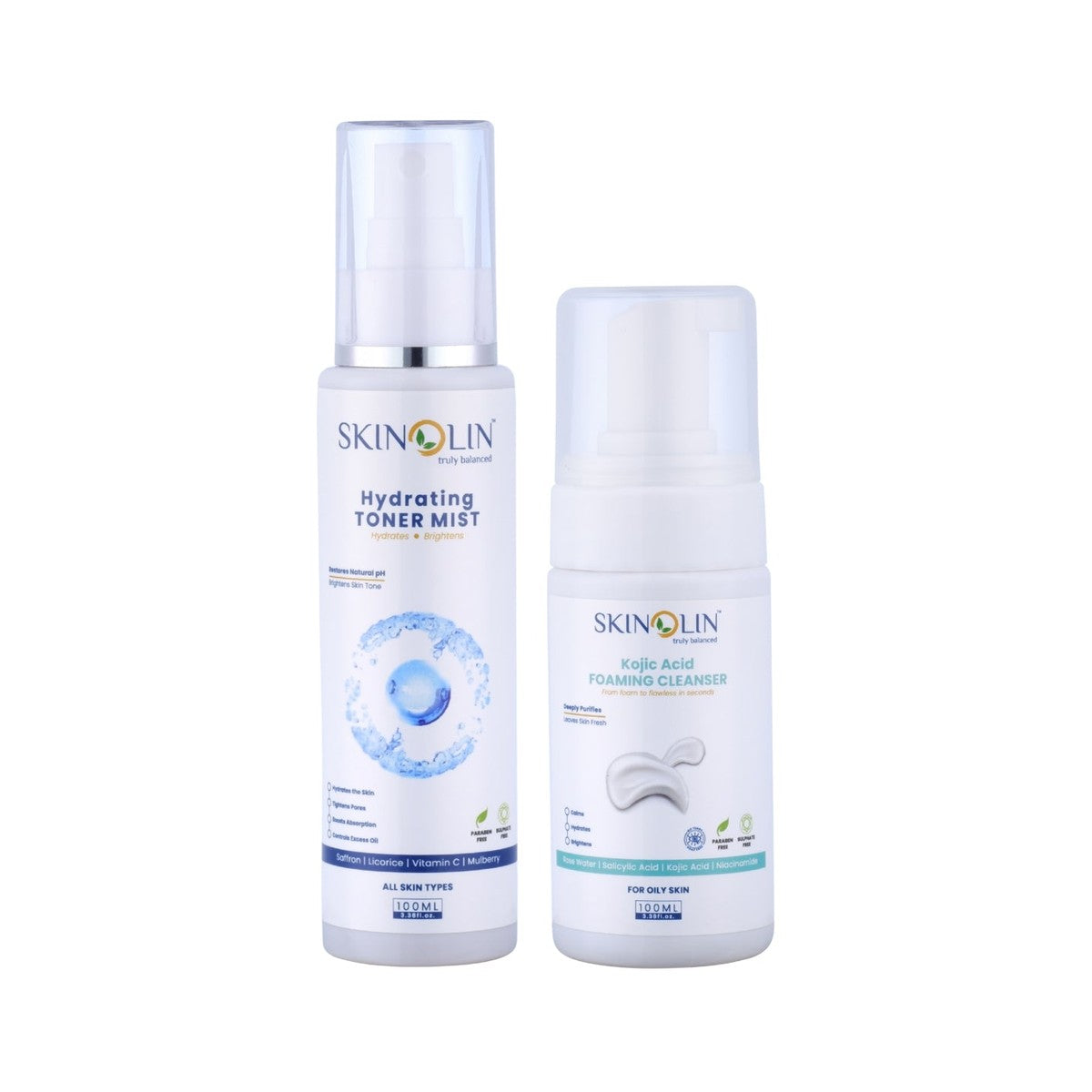 Skinolin Kojic Acid Foaming Cleanser and Hydrating Toner Mist bottles side by side