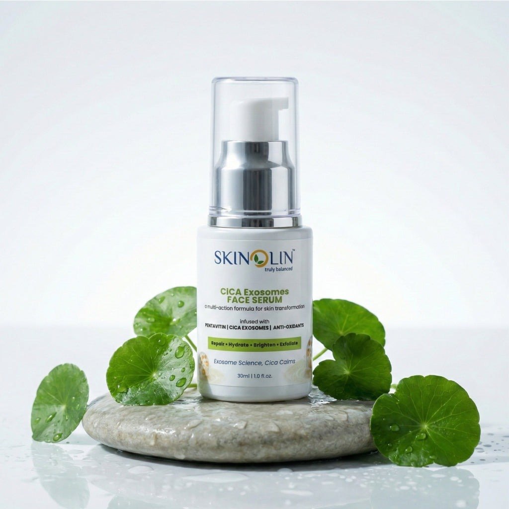 Skinolin CICA Exosomes Face Serum on a stone with fresh centella asiatica leaves