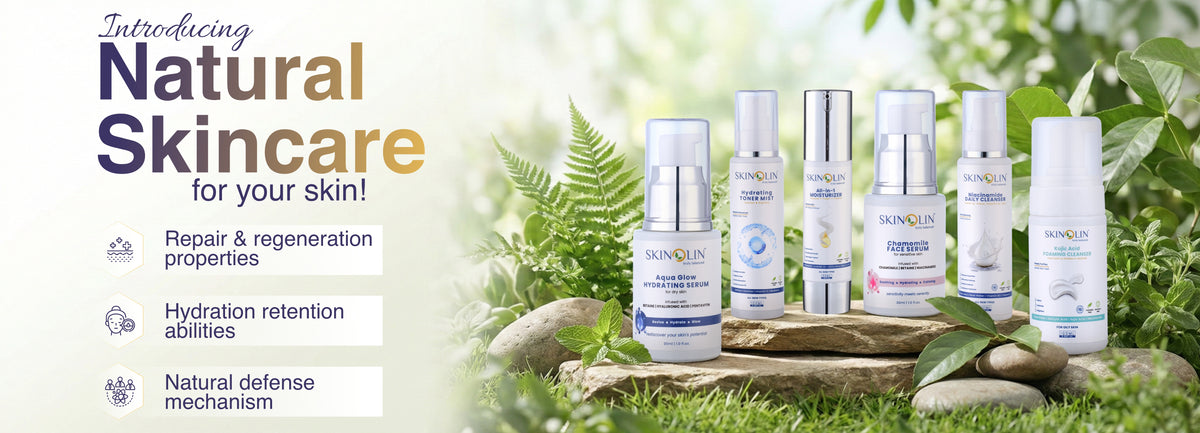 Skinolin natural skincare range: Aqua Glow hydrating serum, hydrating toner mist, all-in-1 moisturizer, chamomile face wash, niacinamide daily cleanser and kojic acid foaming cleanser