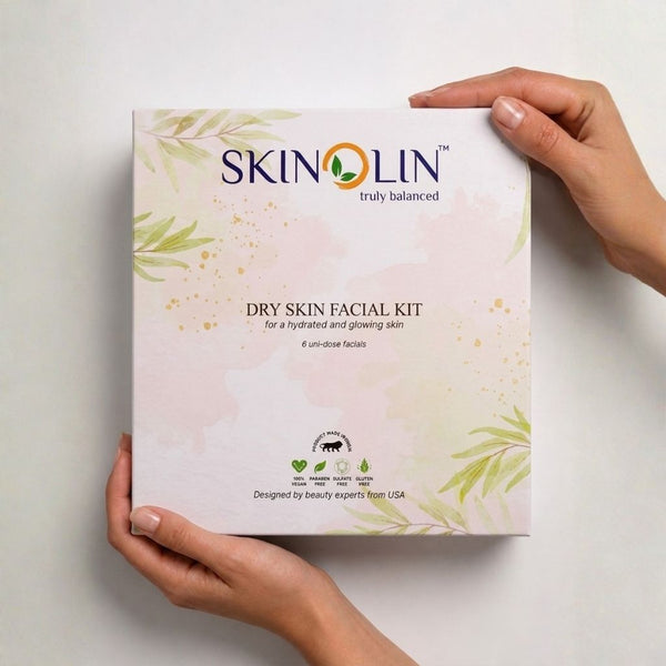 Skinolin Dry Skin Facial Kit box, front of pack, six uni-dose professional facials