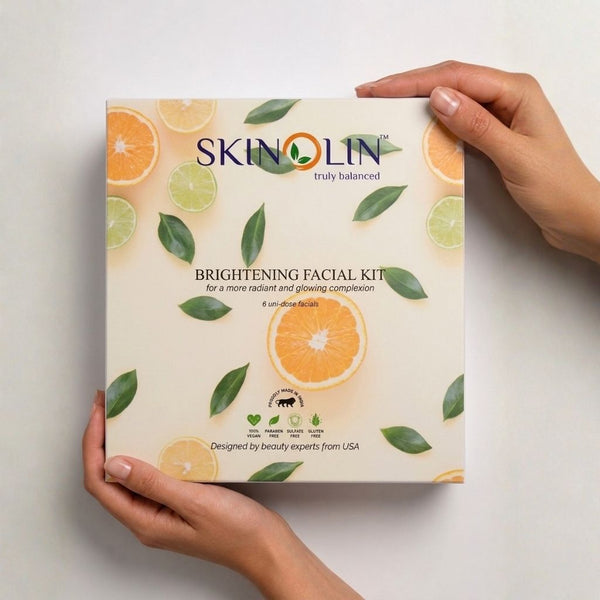 Skinolin Brightening Facial Kit box, front of pack, six uni-dose professional facials