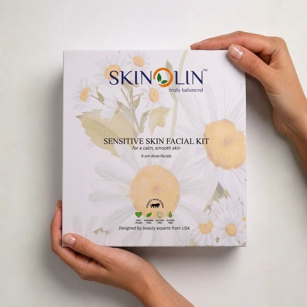 Skinolin Sensitive Skin Facial Kit box, front of pack, six uni-dose professional facials