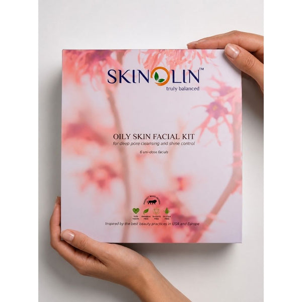 Skinolin Oily Skin Facial Kit box, front of pack, six uni-dose professional facials