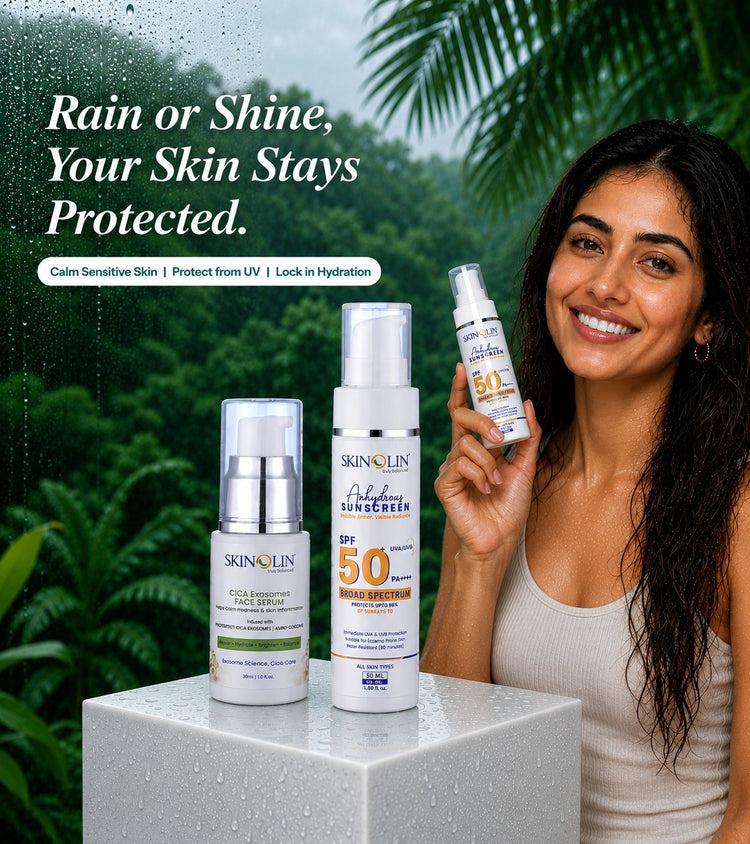 Skinolin Cica Exosomes Face Serum and Anhydrous Sunscreen SPF 50+ for monsoon skin protection