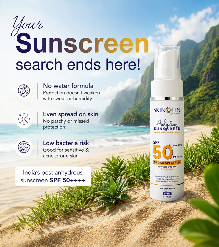 Skinolin Anhydrous Sunscreen SPF 50+ PA++++, a no-water broad spectrum formula for sensitive and acne-prone skin