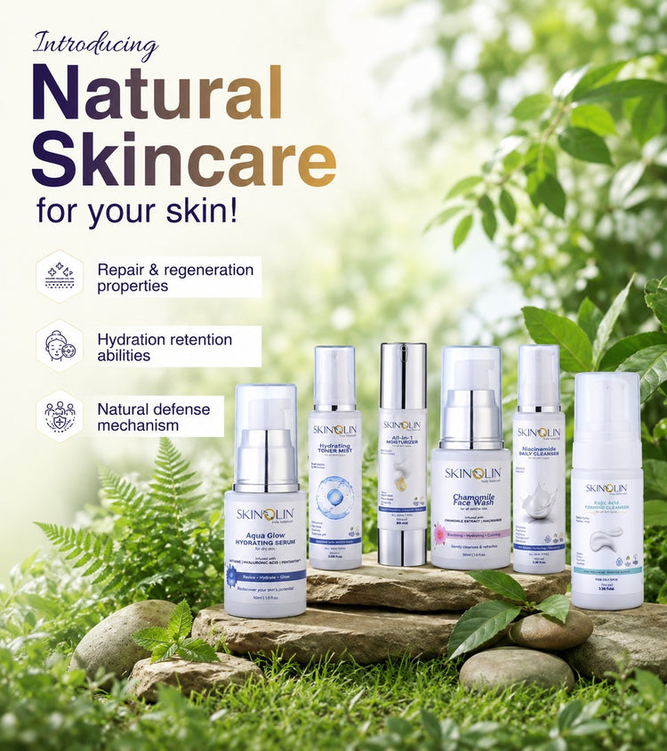 Skinolin natural skincare range: Aqua Glow hydrating serum, hydrating toner mist, all-in-1 moisturizer, chamomile face wash, niacinamide daily cleanser and kojic acid foaming cleanser